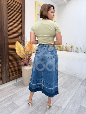 Saia Titanium Jeans Evasê com Barra Desfeita 80cm