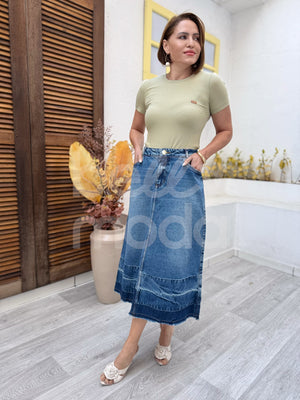 Saia Titanium Jeans Evasê com Barra Desfeita 80cm