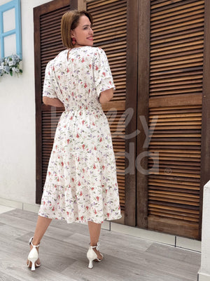 Vestido Midi Rebeca Liso em Viscolinho Casual Romântico