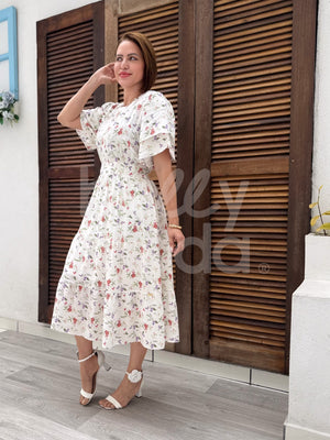 Vestido Midi Rebeca Liso em Viscolinho Casual Romântico