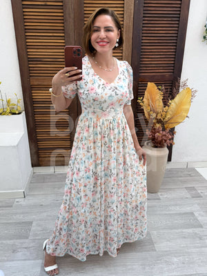 Vestido Longo Mikaela Floral em Tule Casual e Elegante
