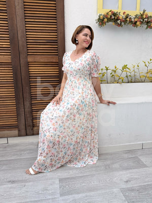 Vestido Longo Mikaela Floral em Tule Casual e Elegante