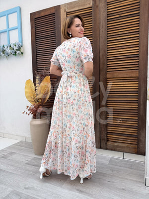 Vestido Longo Mikaela Floral em Tule Casual e Elegante