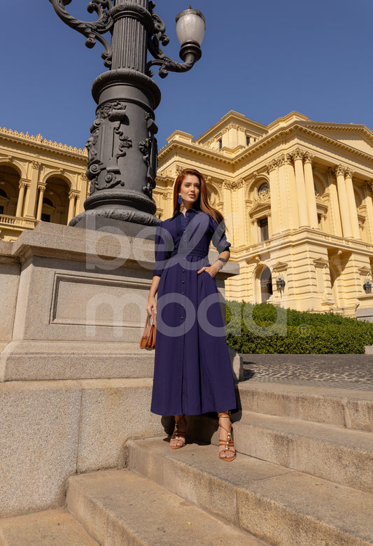 Vestido Longo Fanciele Liso em Tecido com Guipir Casual Elegante