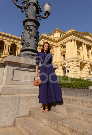 Vestido Longo Fanciele Liso em Tecido com Guipir Casual Elegante