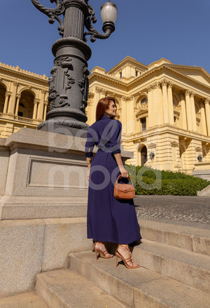 Vestido Longo Fanciele Liso em Tecido com Guipir Casual Elegante