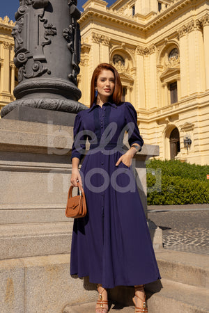 Vestido Longo Fanciele Liso em Tecido com Guipir Casual Elegante