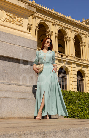 Vestido Longo Berenice Bordado em Tecido Plano Casual Elegante