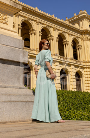 Vestido Longo Berenice Bordado em Tecido Plano Casual Elegante
