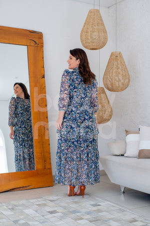Vestido Longo Rosiane Estampado em Tule Casual Elegante