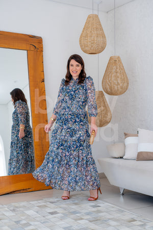 Vestido Longo Rosiane Estampado em Tule Casual Elegante