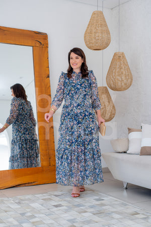 Vestido Longo Rosiane Estampado em Tule Casual Elegante