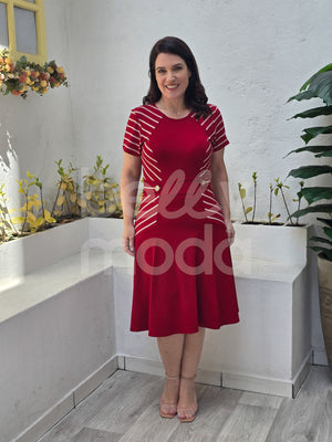 Vestido Midi Luane Listrado em Malha Godê Casual Elegante