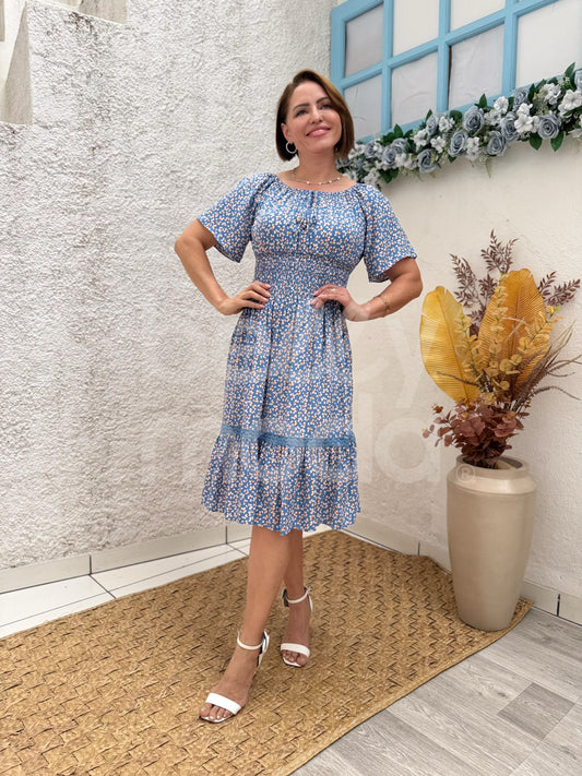 Vestido Midi Dayane Ciganinha Babado em Viscolinho Casual Elegante