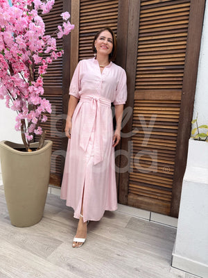 Vestido Longo Andreza em Crepe Douse com Botões Casual Elegante