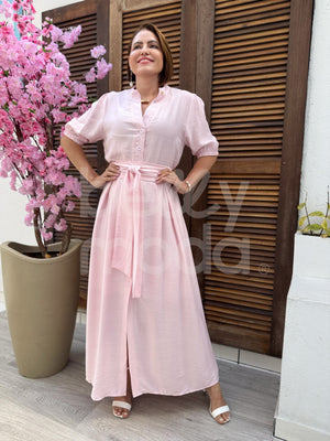 Vestido Longo Andreza em Crepe Douse com Botões Casual Elegante