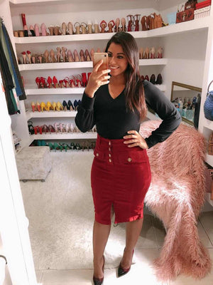 Saia em Sarja Midi com Fenda Frontal