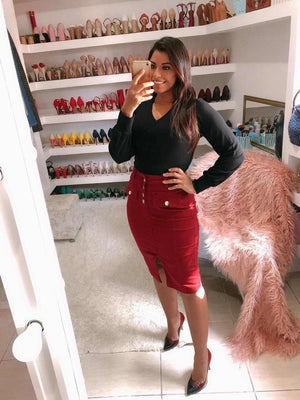 Saia em Sarja Midi com Fenda Frontal