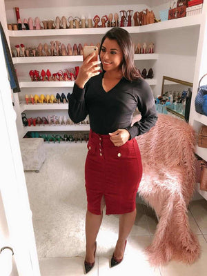 Saia em Sarja Midi com Fenda Frontal