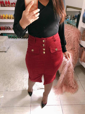 Saia em Sarja Midi com Fenda Frontal