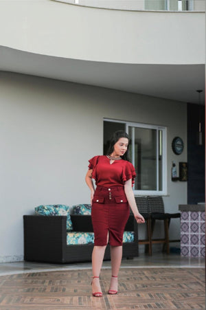 Saia em Sarja Midi com Fenda Frontal