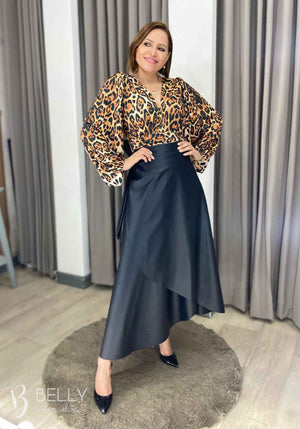 Saia Envelope Helena Lisa em Couro PU Casual Chic