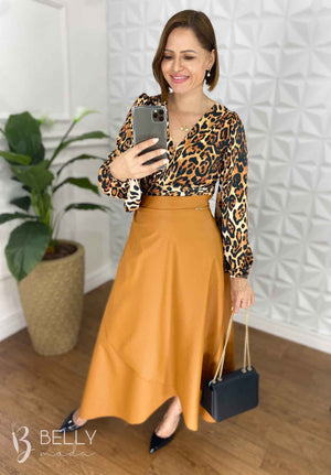 Saia Envelope Helena Lisa em Couro PU Casual Chic
