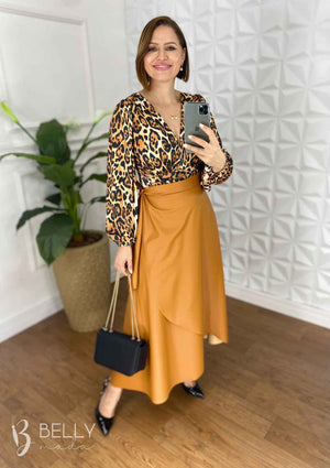 Saia Envelope Helena Lisa em Couro PU Casual Chic