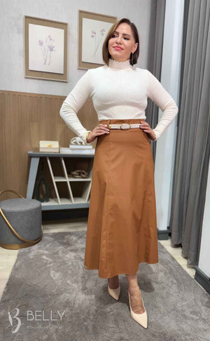 Saia Evasê Max Midi em Couro Ecológico