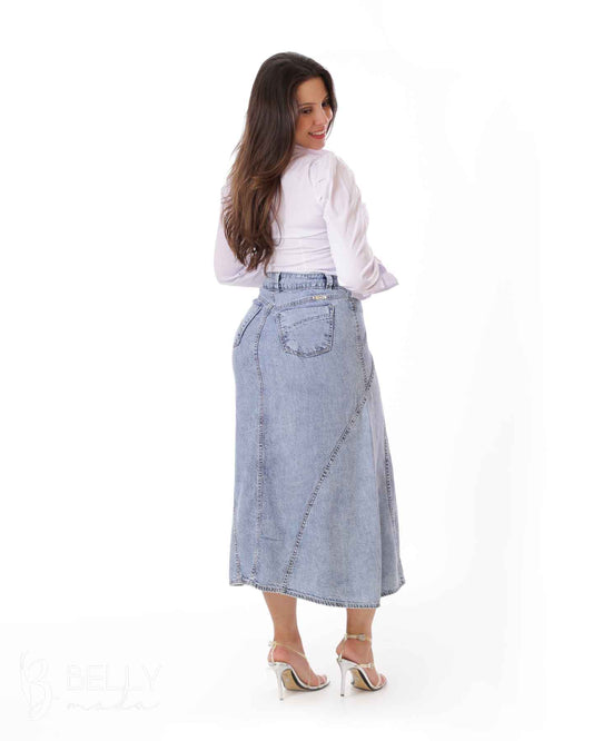 Saia Jeans Evasê Recortes