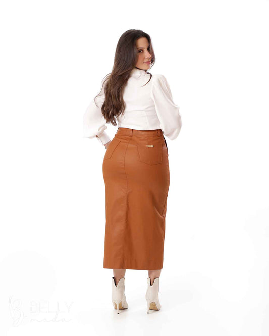 Saia Midi Collor Resinada Caramelo