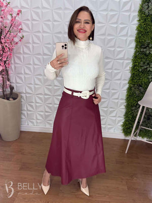 Saia Evasê Max Midi em Couro Ecológico