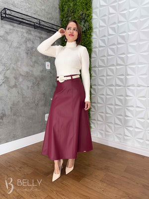 Saia Evasê Max Midi em Couro Ecológico