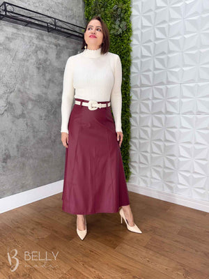 Saia Evasê Max Midi em Couro Ecológico