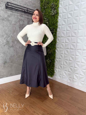 Saia Evasê Max Midi em Couro Ecológico