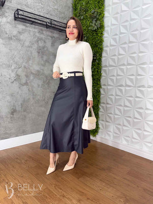 Saia Evasê Max Midi em Couro Ecológico