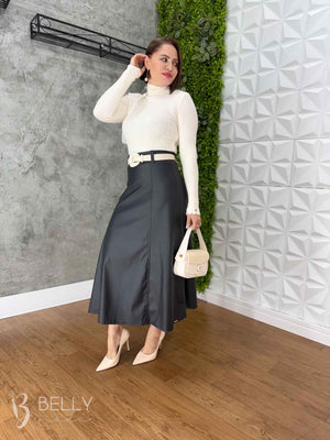Saia Evasê Max Midi em Couro Ecológico