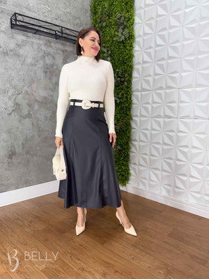 Saia Evasê Max Midi em Couro Ecológico