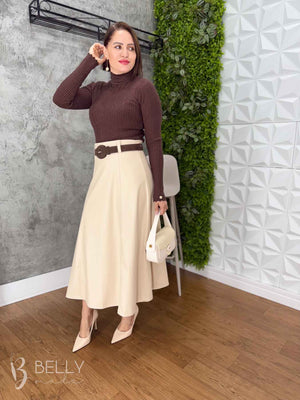 Saia Evasê Max Midi em Couro Ecológico