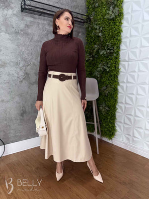 Saia Evasê Max Midi em Couro Ecológico