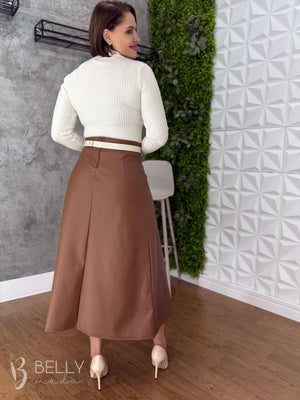 Saia Evasê Max Midi em Couro Ecológico