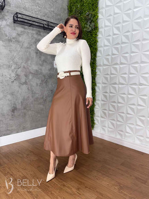 Saia Evasê Max Midi em Couro Ecológico