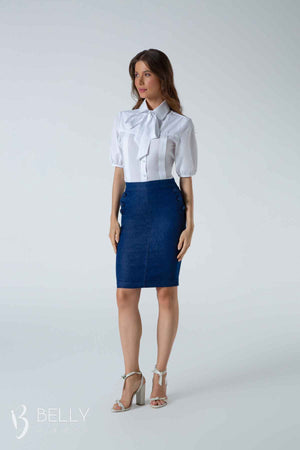 Saia Reta Jeans com Botão e Viés