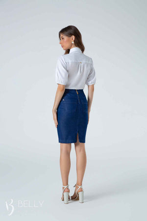 Saia Reta Jeans com Botão e Viés
