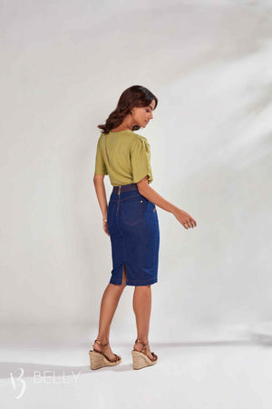 Saia Reta Jeans com Detalhe de Costura
