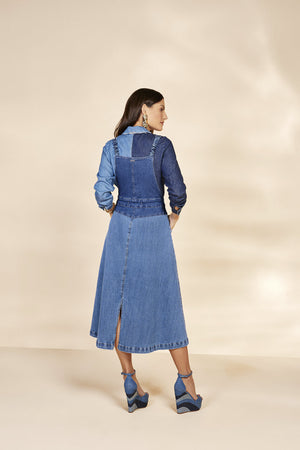 Salopete Evase Bloco de Cor Jeans