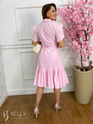 Vestido Evasê Tricoline Rosa com Pregas