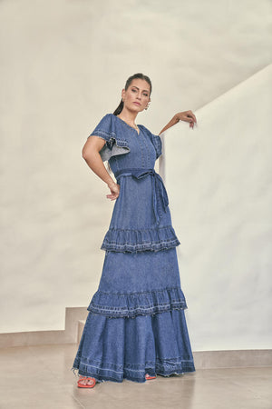 Vestido Longo Jeans com Babado