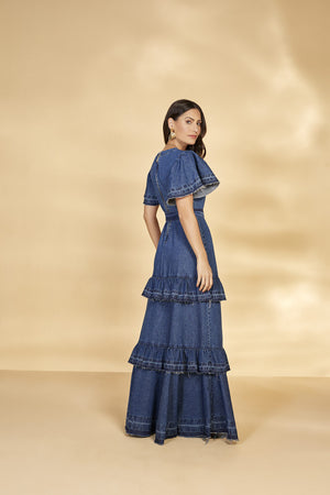 Vestido Longo Jeans com Babado