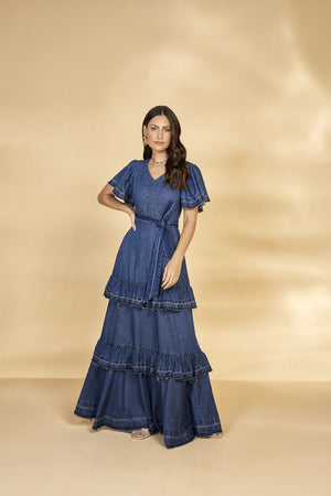 Vestido Longo Jeans com Babado